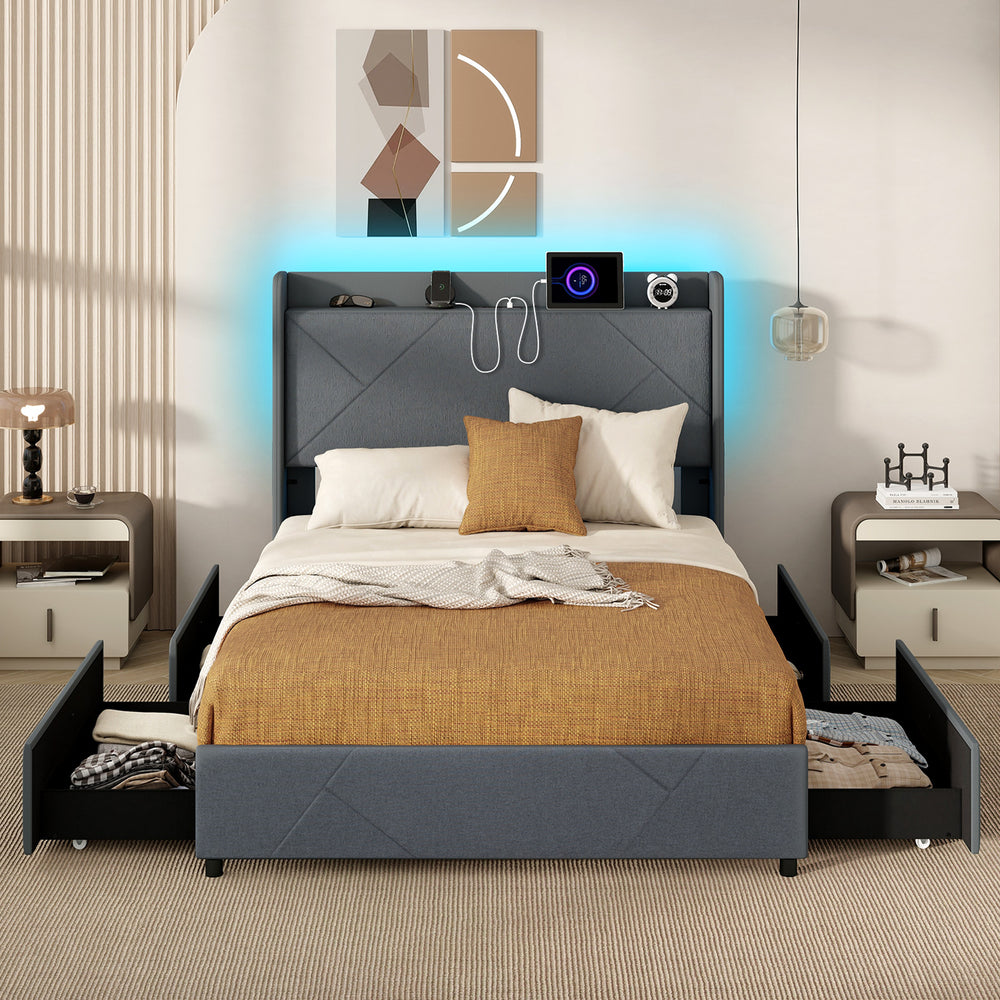 Full/Queen size bed frame with LED lights, upholstered headboard, and storage drawers for modern bedroom convenience.