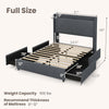Full size bed frame with LED lights, storage drawers, and modern upholstered headboard for stylish bedroom organization.