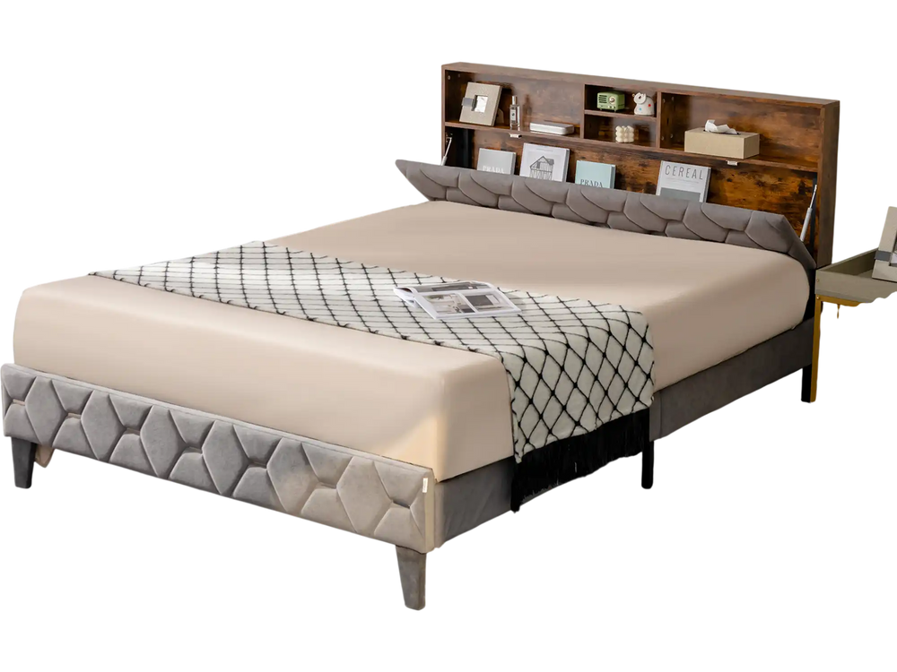 Upholstered full/queen bed frame with storage headboard, featuring a stylish design and noise reduction foams for.