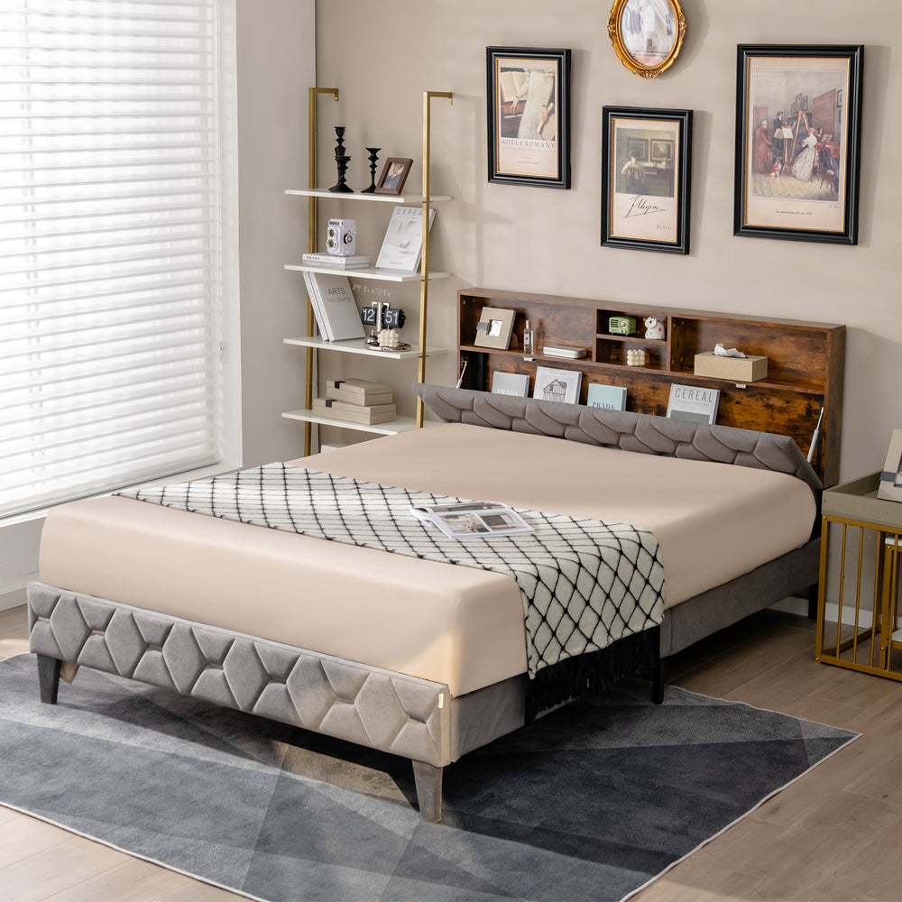 Full/Queen Size Upholstered Bed Frame with Storage Headboard-Full Size - Gallery View 1 of 10