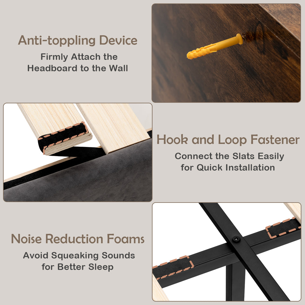 Detail of the upholstered bed frame's anti-toppling device and noise reduction foams for a quiet, stable sleep.