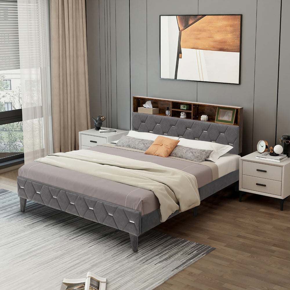Upholstered full/queen size bed frame with storage headboard and 4 compartments for organized bedroom storage.