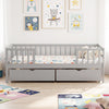 Full size gray daybed with fence and two pull-out drawers, ideal for children's storage and safety.