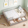 Full size gray daybed with fence and two pull-out drawers, perfect for children's storage and safety in a cozy room.