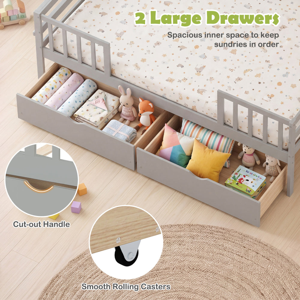 Full-size gray daybed with two large pull-out drawers for organized storage of toys, clothes, and books.