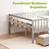 Full-size gray daybed with fence, two pull-out drawers, and side storage shelf for children's books and toys.