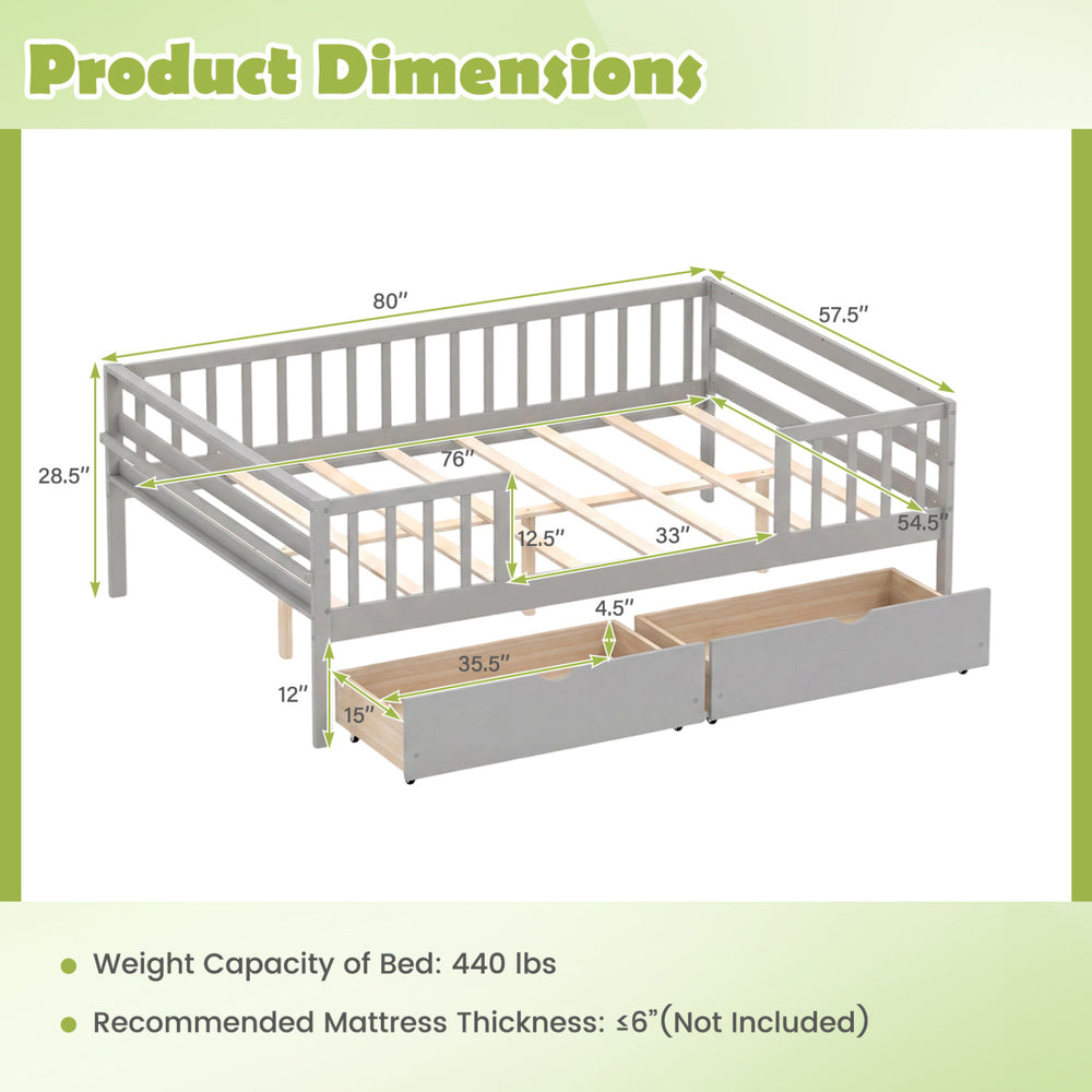 Full size gray daybed with fence, featuring two pull-out storage drawers and dimensions for easy assembly and use.