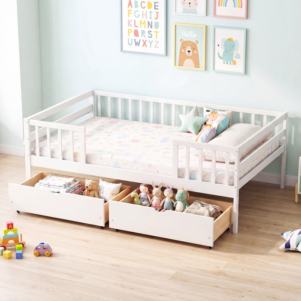 Full Size Daybed with Fence and 2 Drawers for Boys and Girls-White - Gallery View 1 of 10