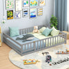 Full-size gray floor bed with safety guardrails, solid wood frame, and low-to-ground design for kids' comfort and.