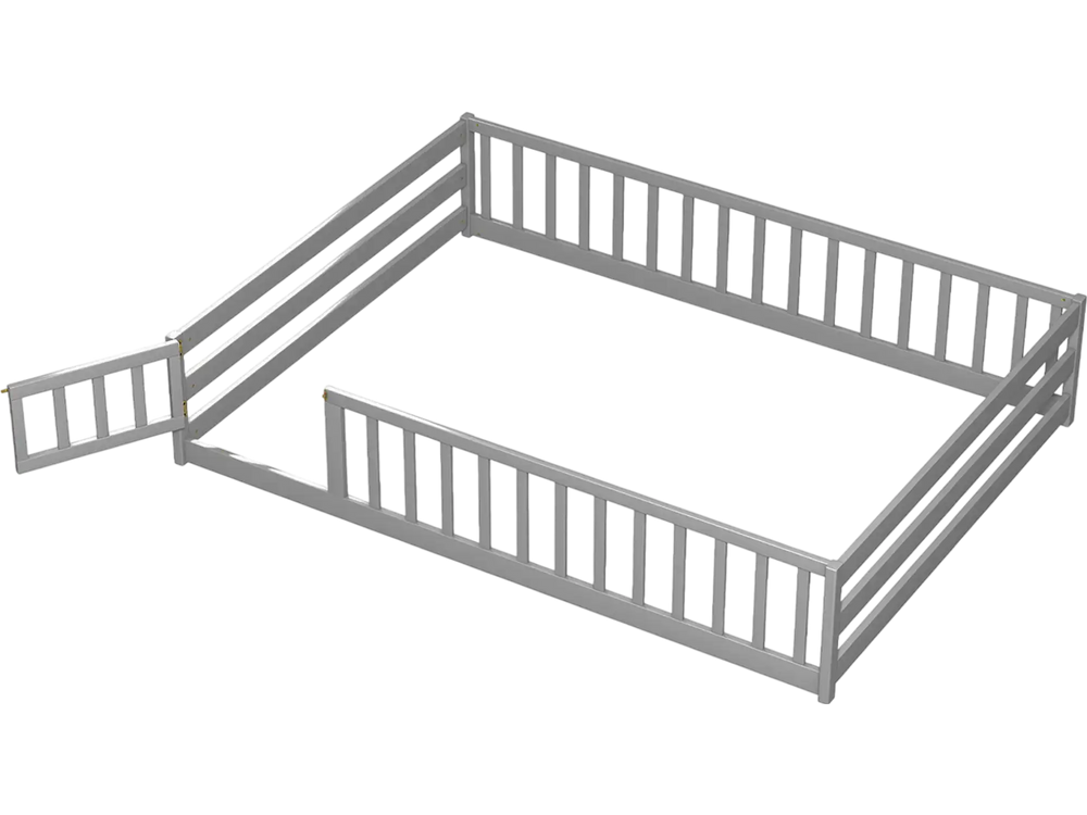 Gray full-size floor bed with full-length safety guardrails and lockable door, designed for kids' safety and.