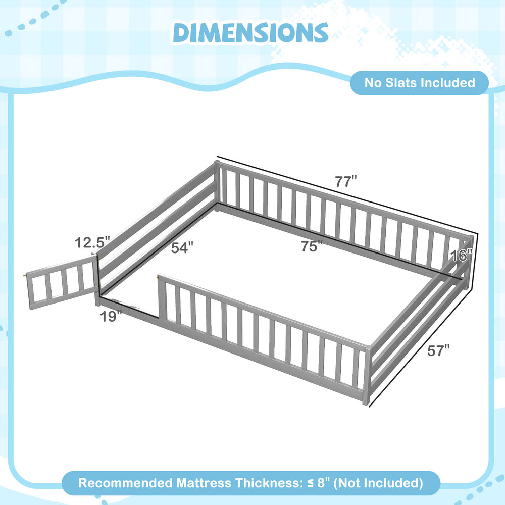 Full-size gray floor bed frame with full-length safety guardrails and lockable door, ideal for kids' sleeping or play.