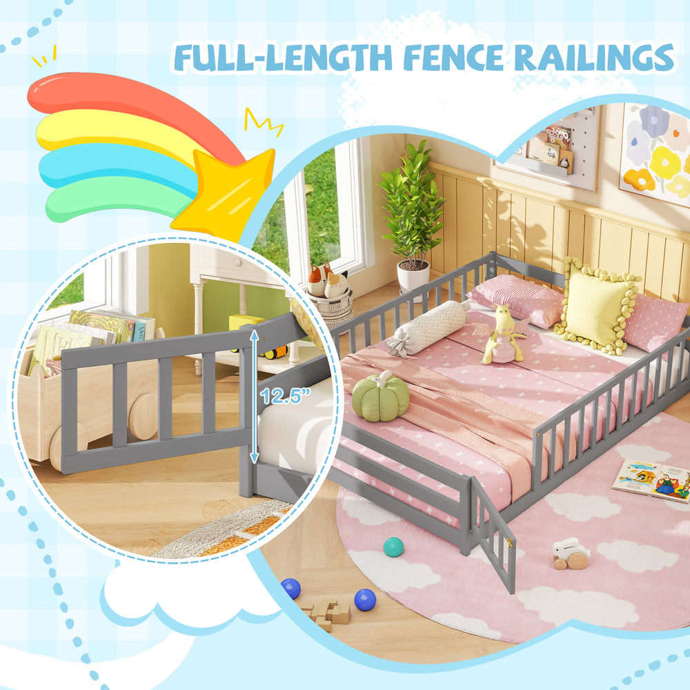 Full-size gray floor bed with full-length safety guardrails and lockable door, ideal for kids' sleeping and play.
