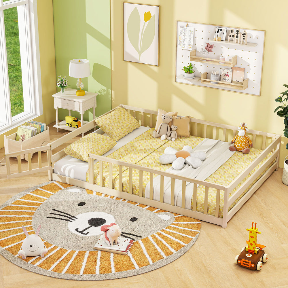 Full Size Floor Bed with Full Length Safety Guardrails-Natural - Gallery View 1 of 9