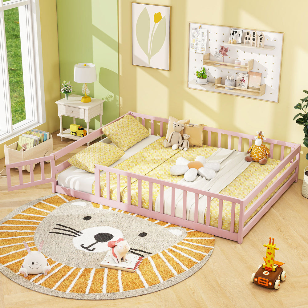 Full Size Floor Bed with Full Length Safety Guardrails-Pink - Gallery View 1 of 9