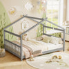 House-shaped gray Montessori floor bed with headboard, designed for creativity and easy access for children.