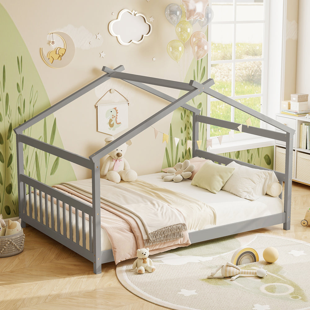 Full Size House Bed Montessori Floor Bed with Headboard-Gray - Gallery View 1 of 11