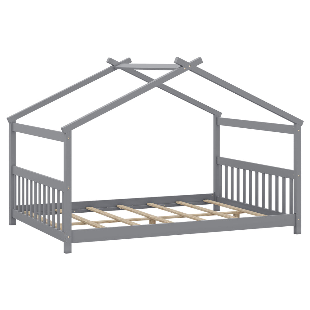 Gray house-shaped Montessori floor bed with headboard, featuring solid wood legs and 7 plywood slats for support.