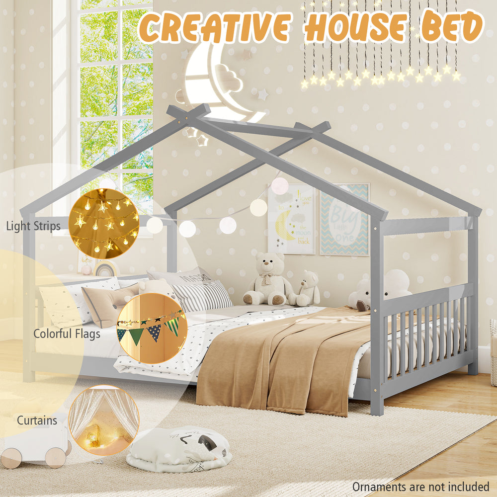 Full size gray house bed with headboard, featuring a playful design and supportive slats for children's creativity and.