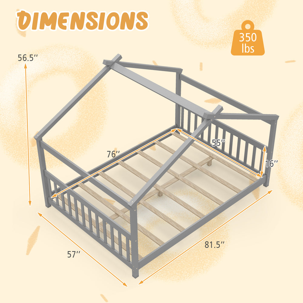 Full size house bed in gray with dimensions, featuring a sturdy design and supportive headboard for children's.