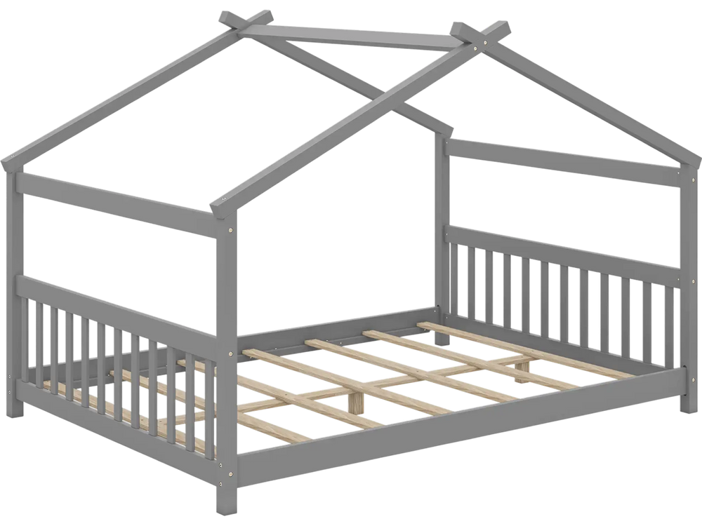 Gray house-shaped Montessori floor bed with headboard, designed for a full-size mattress, promotes creativity and.