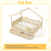 Full size house bed with roof and fence rails, natural wood, includes 2 storage drawers for kids' toys and essentials.
