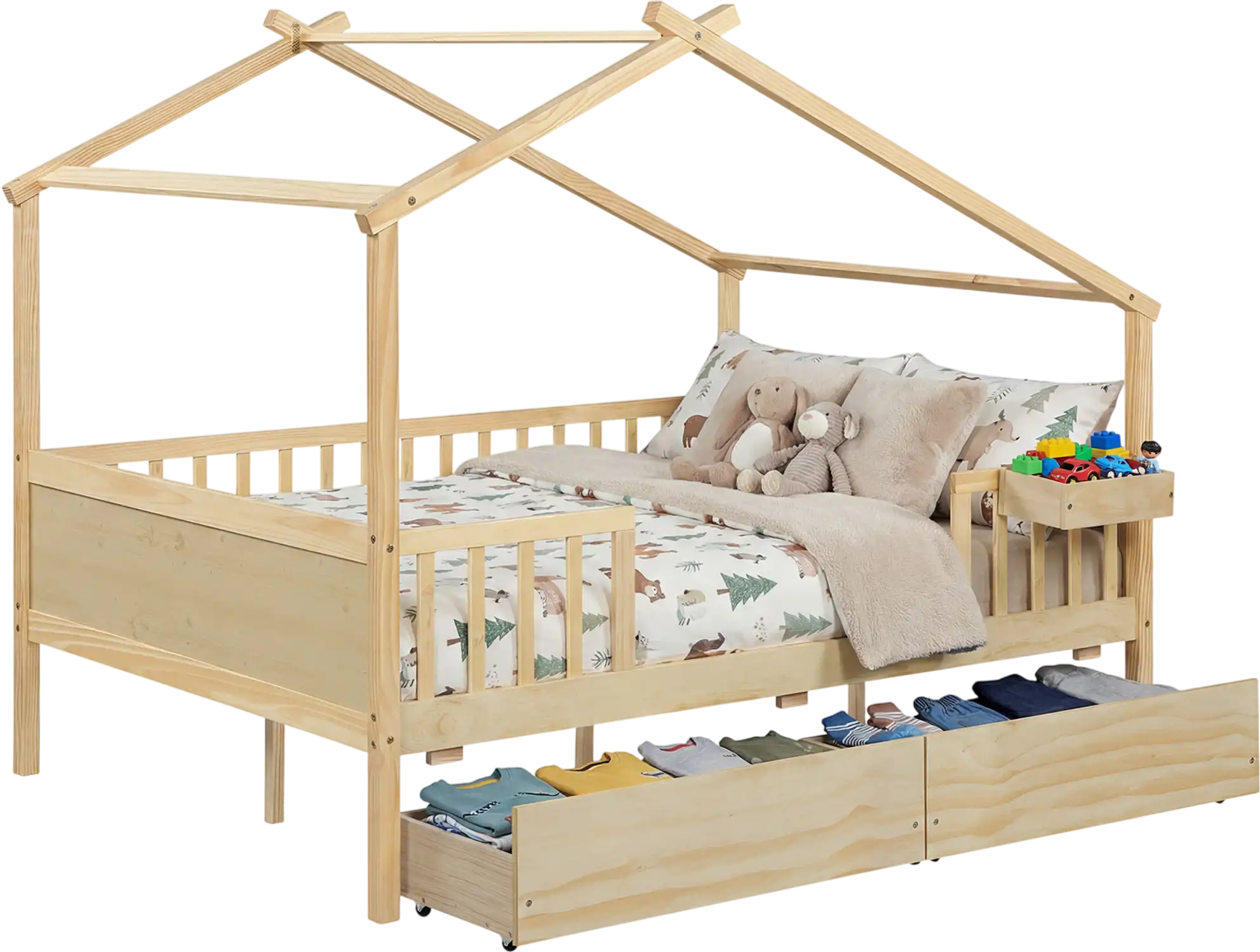 Costway Full Size Kids House Bed Frame w/ Roof Fence Rails 42415200 New
