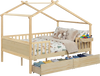 House-shaped full-size bed in natural wood with fence rails and two storage drawers for kids' toys and clothes.