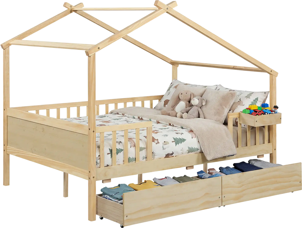House-shaped full-size bed in natural wood with fence rails and two storage drawers for kids' toys and clothes.