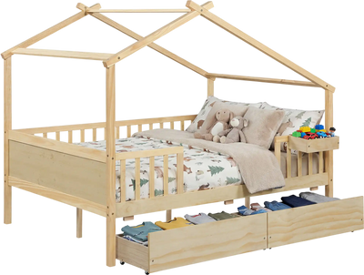 Costway Full Size Kids House Bed Frame w/ Roof Fence Rails 42415200 New