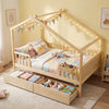 House-shaped full-size bed with fence rails, natural wood finish, and two storage drawers for kids' toys and blankets.