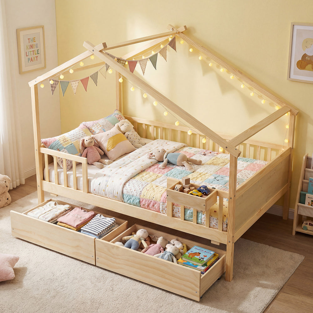 Full Size House Bed with Roof and Fence Rails for Kid-Natural - Gallery View 1 of 10