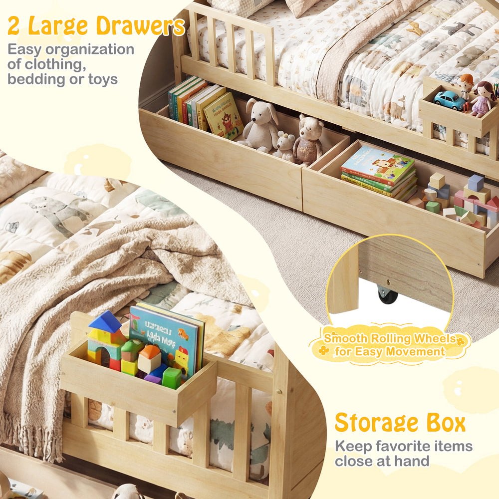 House-shaped bed with fence rails and two large storage drawers for toys and clothes, featuring smooth rolling wheels.