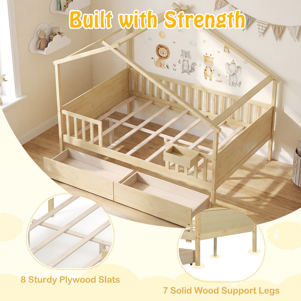 Full size house bed with roof and fence rails, featuring solid wood frame and two large storage drawers for kids.
