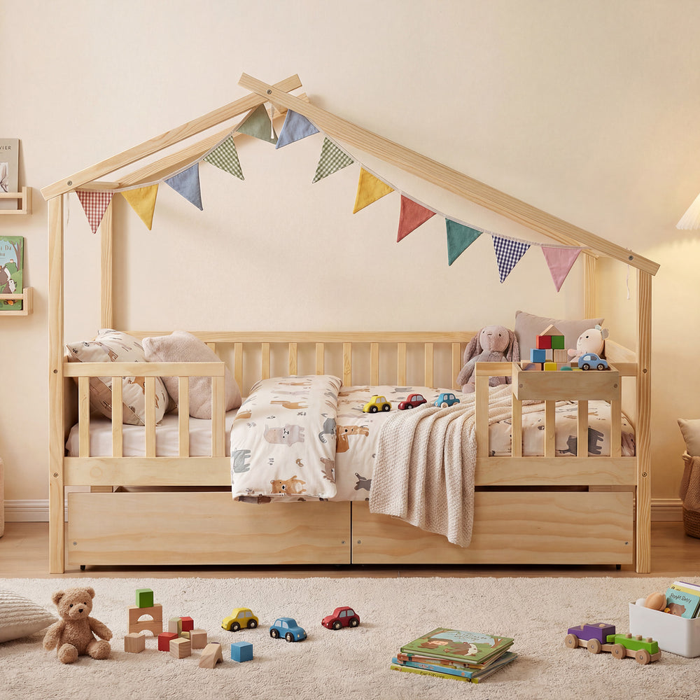 House-shaped full-size bed with fence rails and storage drawers, crafted from solid wood for kids' imaginative play.