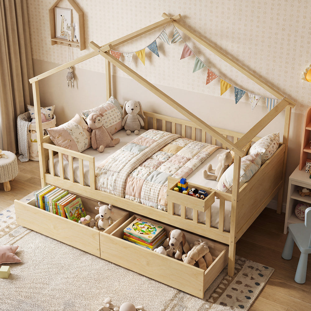 House-shaped full-size bed with fence rails and storage drawers, made of solid wood for kids' imaginative play.