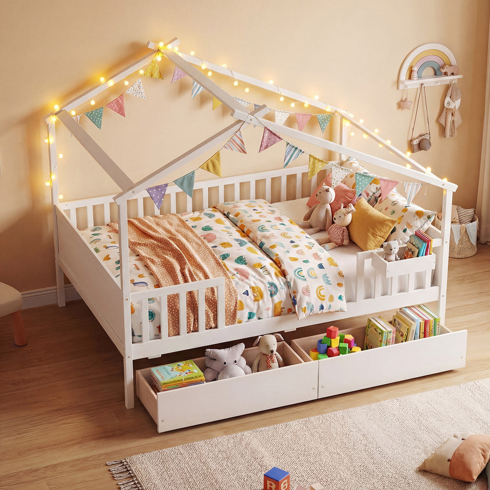 Full Size House Bed with Roof and Fence Rails for Kid-White - Gallery View 1 of 10