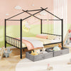 Black metal house bed for kids with a cozy design, featuring two foldable fabric drawers for easy organization.