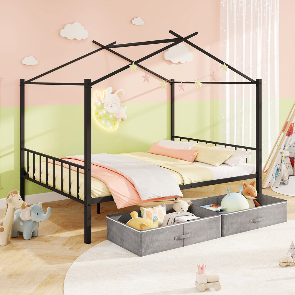 Full Size Metal House Bed with 2 Fabric Drawers for Kids-Black - Gallery View 1 of 11