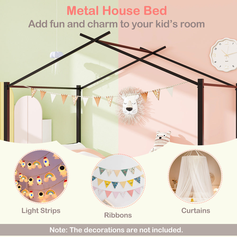 Full size black metal house bed with 2 fabric drawers, designed for kids' rooms, adds charm and organization.