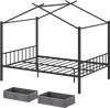 Full size black metal house bed with two fabric drawers, featuring sturdy slats and a charming design for kids' rooms.