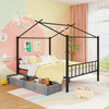 Full size black metal house bed with two fabric drawers, perfect for kids' rooms, featuring a charming design and.