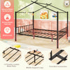 Full size black metal house bed with two fabric drawers, featuring sturdy construction and 12 metal slats for kids'.