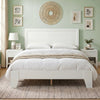 Modern white platform bed frame with headboard and wooden slat support, featuring under-bed storage for versatile bedroom use.