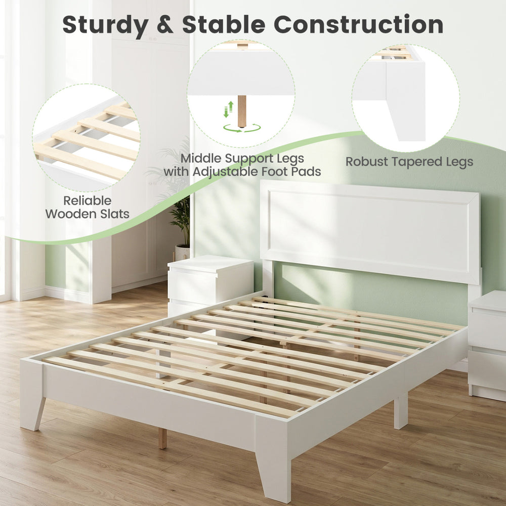 Modern platform bed frame in white with wooden slat support, adjustable middle legs, and ample under-bed storage space.
