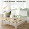 Modern platform bed frame in white with wooden slat support, adjustable middle legs, and ample under-bed storage space.