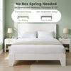 Full size modern bed frame in white with headboard, featuring reliable wooden slats and no box spring needed for support.