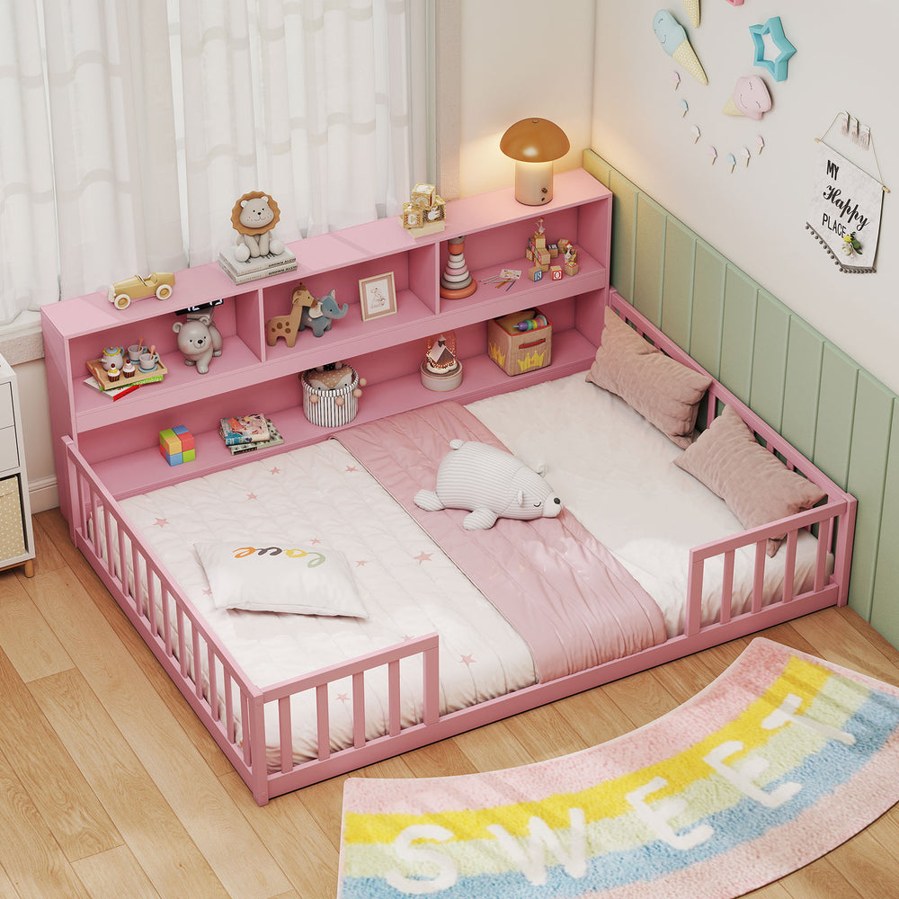 Full Size Montessori Floor Bed with Bookcase-Pink - Gallery View 1 of 10