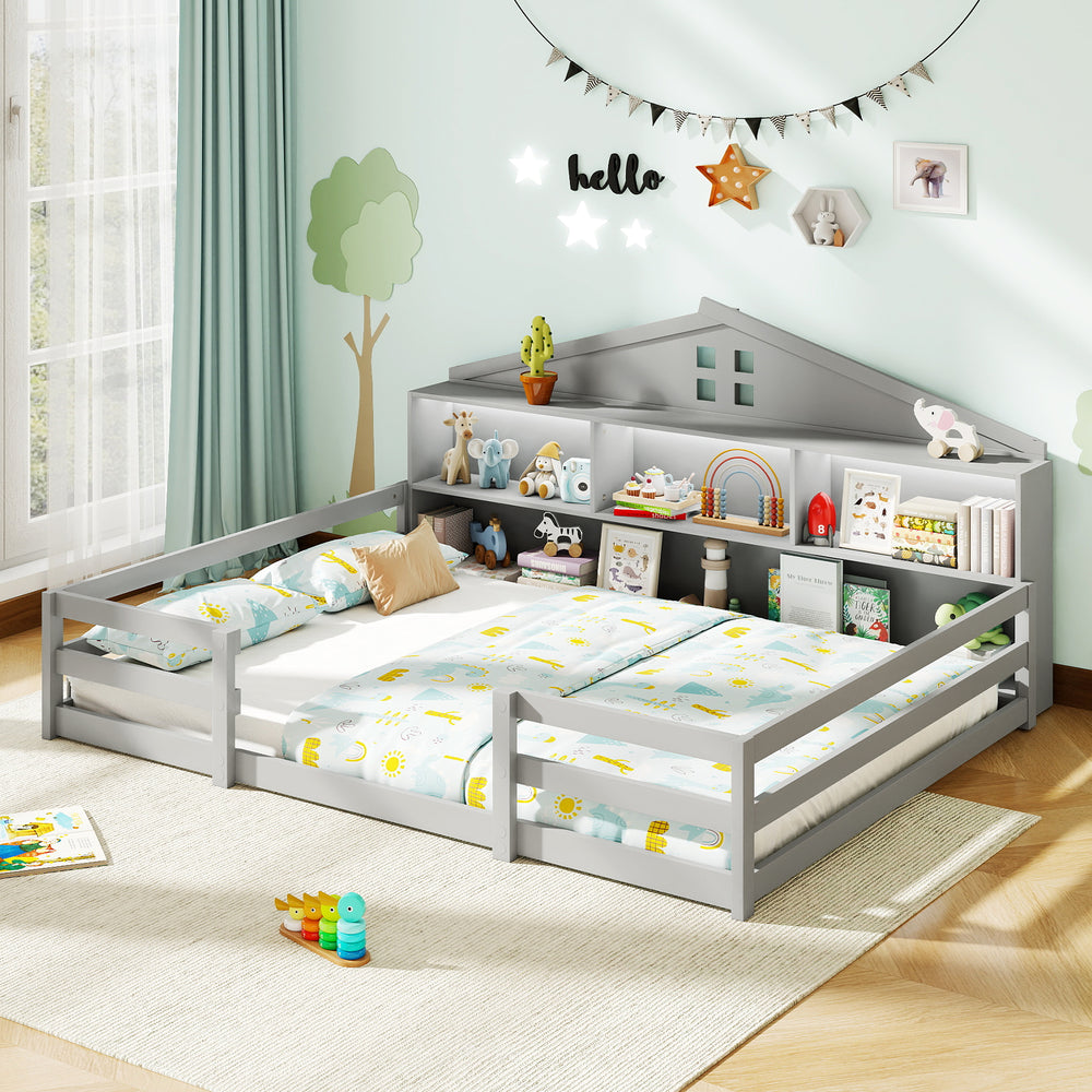 Full Size Montessori Floor Bed with Storage Compartments and Shelf-Gray - Gallery View 1 of 10