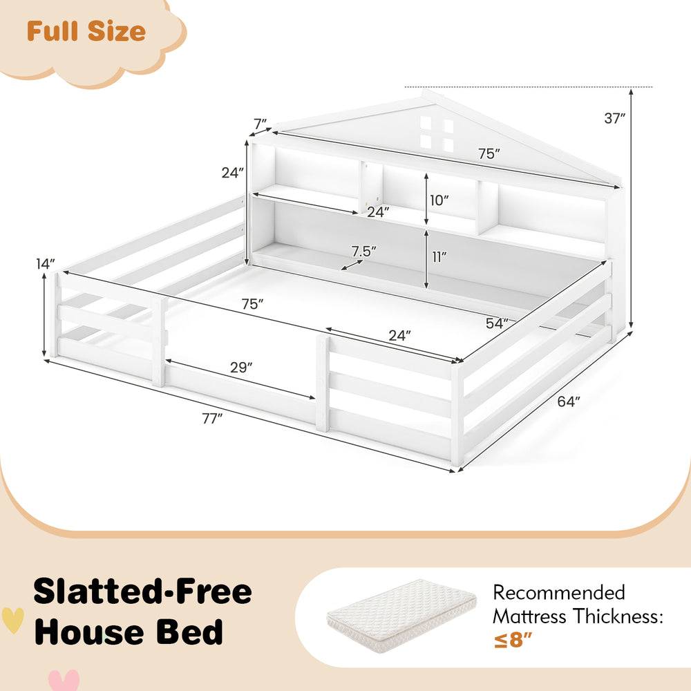 Full size Montessori floor bed in white with storage compartments and house shape design for children's play and sleep.