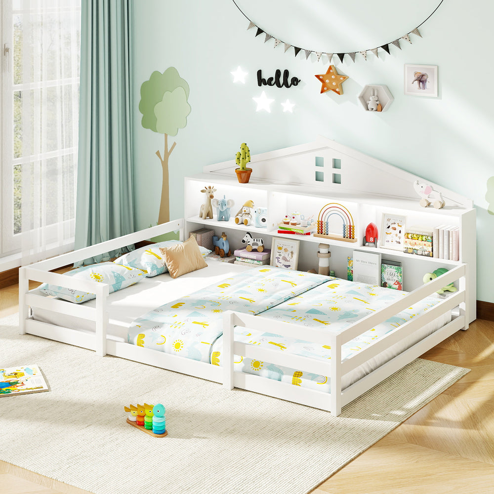 Full Size Montessori Floor Bed with Storage Compartments and Shelf-White - Gallery View 1 of 10